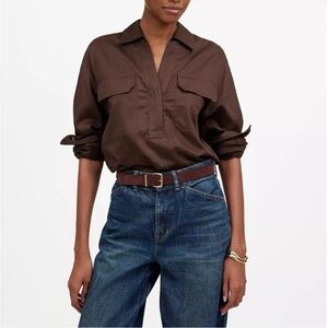 Madewell Brown Utility Long-Sleeve Popover Shirt V-Neck Dark Carob XXS NWT